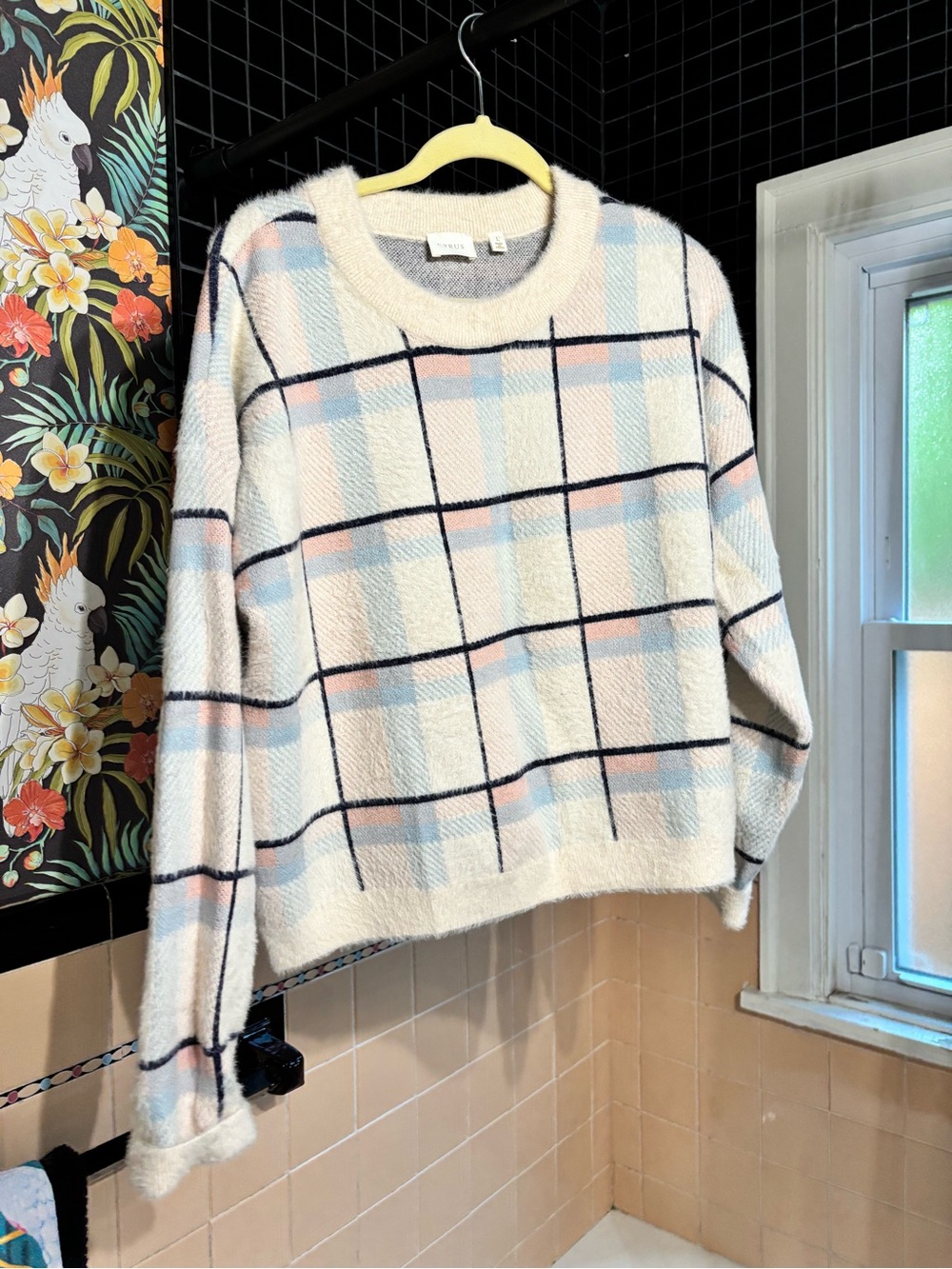 Cyrus Cream Plaid Crewneck Sweater with Pastel Blue & Pink